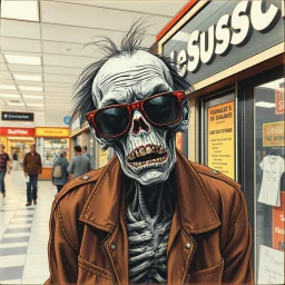 decaying shambolic zombie in an 1980's mall trying on shades at a sunglasses kiosk, by Simon Bisley and Stephen Gammell