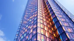 A towering skyscraper with sweeping, curved surfaces made of translucent, iridescent stained glass. The building features a hexagonal honeycomb pattern of windows that allow light to cascade through, creating a rainbow effect inside and outside. Award-winning photograph, stunning clarity, beautiful composition, exquisite detail and illumination