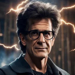 best quality epic highest resolution cinematic shot of Dean Kamen with circular glasses and a lightening scar on his forehead, Harry Potter, Harry Potter universe magical