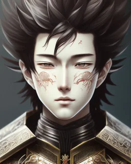 Detailed anime boy, dark brown hair, black and red dragon scale armour, intricate details, full body portrait, keep head in frame, slight smile, black Japanese motif, concept art, highly detailed, digital painting, concept art, sharp focus, illustration, art by Yoji Shinkawa, WLOP and greg rutkowski and alphonse mucha and artgerm and yanjun Chen and Junji ito and Makoto Shinkai, HDR, octane render