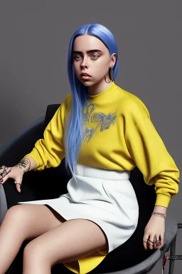 Billie Eilish, sitting on a chair, Black Short Dress, high detail, realistic