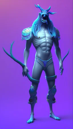 realistic man game character full height with weapoon in blue-purple neon, witn navy background
