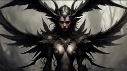 Demonic Elves with Wings,, Full Body Shot, Hyperrealistic, Photorealistic, Instant Details, darkness, by Raymond Swanland & Alyssa Monks & Anna Razumovskaya