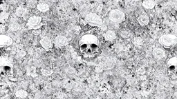 tracery of flowers and skulls, black and white, Maximum minimalism
