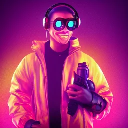 stylized Rabbit, smiling, cyberpunk headphone, sunglass, gangsta gold neckless, full body, magenta puffer jacket, manila city backdrop, dramatic lighting, hyper realistic, unreal engine 5, 16k