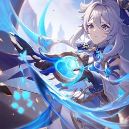 Genshin impact style, splash art, cryo bow user, female