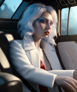 Ultra realistic back seat of limousine image, wide angle view, Alice woman and white rabbit man, many color balls, circus clothing, long hair, smoke, feather long coat, soft color, highly detailed, unreal engine 5, ray tracing, RTX, lumen lighting, ultra detail, volumetric lighting, 3d, finely drawn, high definition, high resolution.