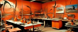 A salmon orange colored workshop with machines painted by Salvador Dali