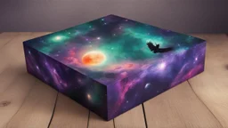 a box 10 cm long by 5 cm wide and 25 cm high, drawn on a box on all sides, space, tress, planets, butterfly nebula, crow, purple, green and red, portal too others galaxy, realistic