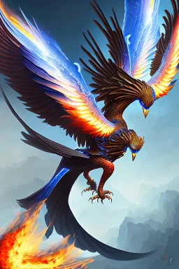 alone, blue phoenix, flaming wings, beautiful, smooth, flying, graceful