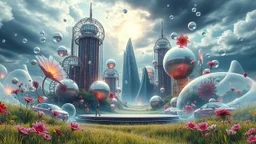Dynamic cifi country side ,hypnotic of 3D structures Symmetry twisting and morphing between cifi plants , cifi flowers and metal geometric 3d structures buildings ,cifi cars, and an open cifi stage with a future lady singer in it,smooth translucent iridescent glass with inner glow and bubbles, varied transparent materials, stormy skies, intense dramatic
