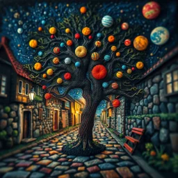 Photograph hasselblad h6d400c --ar 85:128 --v 6.0 of a fairy old bewitched street, tree, made of felt art, tiltshift, 3d deep field, galaxies and planets, needlepoint, Joan Miró, odd, abstract, expressionist style, colorful