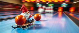 gnome on speeding on a sled in front of bowling ball heading for a strike, motion blur, heading for collision