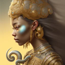 Sango fantasy, fantasy magic, intricate, sharp focus, illustration, highly detailed, digital painting, concept art, matte, art germ and Paul Lewin and Kehinde Wiley, masterpiece silver elephant head bronze Asian African girl nice breast Hawaiian hair turquoise golden waves