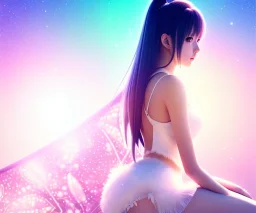 a detailed illustration of a anime girl sitting luminescent body, glinting spread wings, realistic, soft and smooth glowing wings, soft feathers, macro lens, sharp focus, meticulously detailed, soft studio lighting, smooth blurred gradient evening sky background, 64k