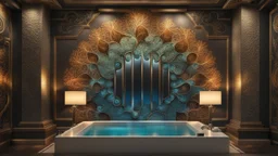 a big stunning fractal illustration with stepwise metalic colors on the wall in the luxury bath, hyperdetailed , natur lighting, intricate detailed, high focus, cinematic, stunning, photorealistic