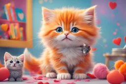 a fluffy orange kitten makes friends with a cute gray mouse on Valentine's day, happy vibe studio lighting fantastic view colourful very cute Lisa Frank richard scarry