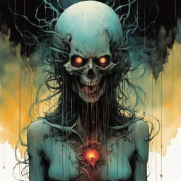 a surreal full body portrait of the inner workings of her disturbed mind as a nightmarish charnel house of screaming pain , in the comic book style of , Bill Sienkiewicz, , Alex Pardee , and Jean Giraud Moebius, muted natural color, sharp focus, ethereal , dark and foreboding