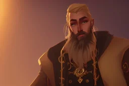 Blonde braided long haired bearded tall man wearing gold rings and long fur trimmed merchant's coat, dark background, dynamic lighting, full body character design, golden glowing eyes