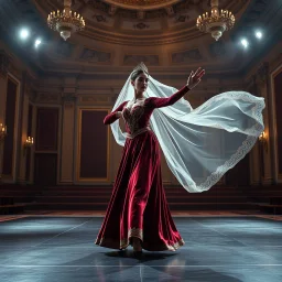 A full-body cinematic photograph of a graceful Azerbaijani woman performing a traditional national dance. She wears an intricately embroidered velvet bodice and a flowing long silk skirt. On her head is a small ornate traditional crown with a long, translucent white lace veil flowing elegantly behind her. She stands in a poised, elegant dance pose on a sleek modern performance stage with dramatic professional spotlighting. The stage is set inside a massive opulent royal hall with high ceilings,
