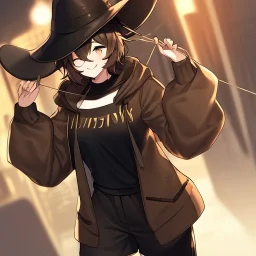 Clear focus, High resolution, short brown spiky hair, hair between eyes, eyes closed, wearing a brown detective hat, wearing a brown jacket and a black shirt, wearing black shorts, 1girl, pulling hat down, smiling, wearing a oversized hoodie