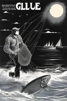 SNIFFIN’ GLUE magazine illustration cover by Marcel Gotlib, special issue on One night, a young fisherman named Mateo sets out to sea, unaware of the dangers that await him. As he casts his nets into the dark waters, a creature With the body of a fish and the face of a human,