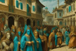 A turquoise district with masquerade masks painted by Lucas van Leyden