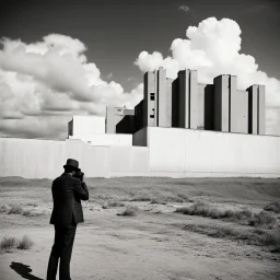 landscape ,minimal ,Photo with an old analog camera. Black and white. Part of a strange dream. white clouds wide plain The big building between them. like pink floyd landscape ,Abandoned factory ,from a weird dream captured with the first model of dreamrecorder by gnom industries inc