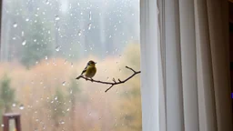 A single goldfinch singing on a branch just outside a rain-streaked window, seen through a sheer, closed curtain in a cozy, rustic cabin during a misty autumn afternoon.
