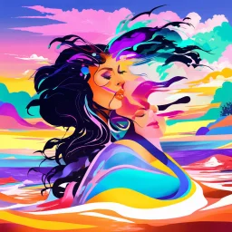 design vector art. piece of album art with women fusion with light, abstract style album cover, high level of noise and subtle texture, psychedelic cover, vibrant colors, ethereal sky landscape, shapes and waves.