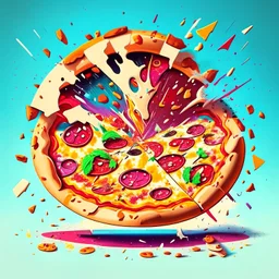 Imagina una gran pizza redonda sobre una mesa explotando pedazos saltando por el aire arte cartoon detallada colores contrastantes