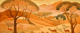 A light rosy orange colored savanna with moles painted by Diego Rivera