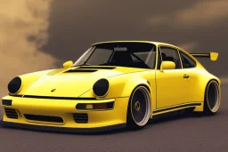 a true-to-life dark yellow porsche 964, wide-body, pandem, rocket bunny, carbon fibre, drift car, tuner wheels and rims, ultra realistic, professional artwork, concept art, dark background, extreme detailed, 8k, sharp focus, centered camera, pivot on porsche, art by shiro nakamura