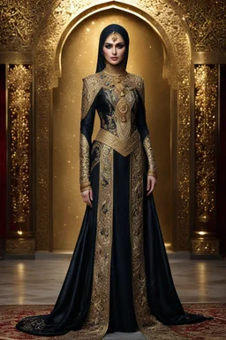 Realistic photography,front view, Beautiful Islamic Iranian super model Iranian Hijab Woman,dressing luxury party gown,looking at viewer,traditional dress ornaments Luxury gown Byzantine traditional, intricate armor, delicate golden shine bright, black metalic parts, detailed part, jewelry diamonds,dynamic pose,abstrac background, dynamic lighting, red hour, full body portrait