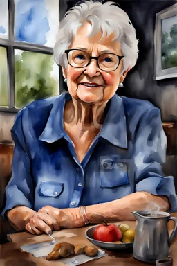 Realistic Stock Photo, Realism Engine, Real Cartoon XL, watercolor painting, chiaroscuro, deep shadows, masterpiece, happy, 2020 caught off guard, 79-year-old Phyllis Kendall, She doesn't look old, short pixie-cut, shag-cut straight, dark salt and pepper hair, overweight, blue eyes, great big, round lensed eyeglasses, wearing a black, floral print, short-sleeved, pull-over shirt, dark blue sweatpants, sitting at the computer checking her emails