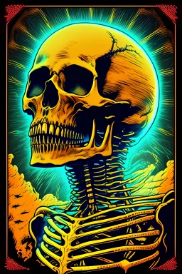 Digital vintage, highly detailed anatomically correct skeleton, electrified, light rays beaming out of the eye sockets, retrofuturism illustration art style, horror art, scifi, 70s cartoonist drawing style, electric colors, horror expression on skull, vintage classic horror art movie poster, grainy, gothic