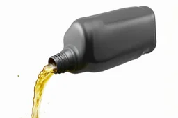 whole bottle(black plastic, 1 liter, quart, motor oil) floating on an angle in middle of image while pouring(oil) out down from the bottle's opening. white background, Smooth vector