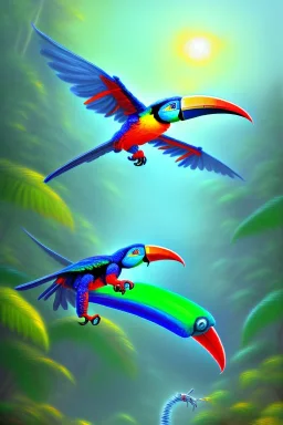 blue spider fight with a toucan, Neo-Impressionism, trending on artstation, jungle setting, soft pastel colors, mystical