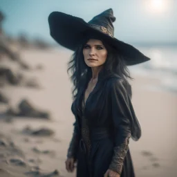 corey feldman as a female witch on the beach ,bokeh like f/0.8, tilt-shift lens 8k, high detail, smooth render, down-light, unreal engine