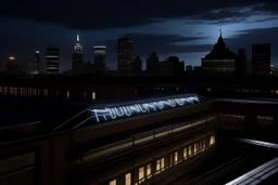 FUTURE illuminated sign on the roof of a building, the city in the background, 16K, real photography, photojournalism, inspired by the film Strange Days, by Kathryn Bigelow