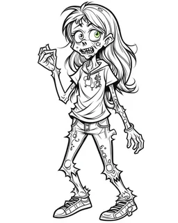 cartoon girl zombie, coloring image, full body (((((white background))))), only use an outline., real style, line art, white color, clean line art, white background, Sketch style