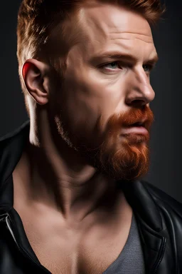 portrait of a muscular and handsome 40 year old man with red hair and a neatly trimmed beard