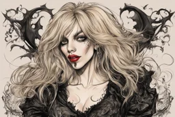 create a caricature of Courtney Love as a savage, sullen, gothpunk vampire girl with highly detailed and refined facial features and hair, clothed in an ornate Gothic rags and fishnet stockings, in the caricature cartoon style of Gerald Scarfe and Ralph Steadman, precisely drawn, boldly inked, vividly colored, 4k