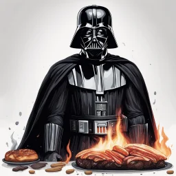 Create a beautiful illustration that showcases Darth Vader, adorned in his iconic black cape, standing over a bbq. Set this scene against a white background.