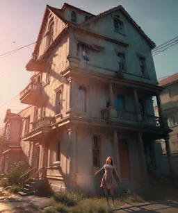 Realistic image, super giant woman inside a house, looks out through the windows. people on the street are watching him, soft color, highly detailed, unreal engine 5, ray tracing, RTX, lumen lighting, ultra detail, volumetric lighting, 3d, finely drawn, high definition, high resolution.