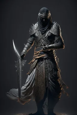 Arabian warrior, full body, sword in both hands, intricate detail, high quality, dark background, cinematic lighting,cgi