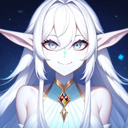 cosmic mage, elf, female, cosmic magic, long ears, white hair, face details, pale skin, jewellery, broad shoulders, sharp ears, cosmic clothes, cosmic eyes, ears shown, the cosmos in eyes, shining eyes, thin face, detailed ears, magical eyes, closed mouth, make up, smiling face, happy face, pointy ears