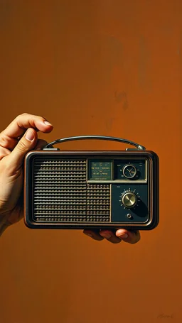 Bosch style painting , 3D hands holding an old transistors radio from 1960