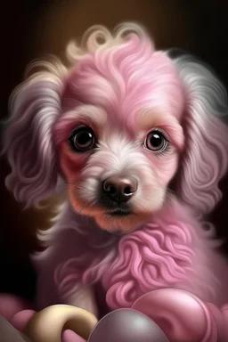 full puppy,sweet beautiful pink puppy. beautiful long curly wavy hair, big gray eyes looking at you, digital painting