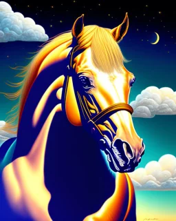 Dibujo animado de un caballo Palomino, calidad ultra, hiperdetallado, maximalista,, cielo con nubes pequeñas, 8 k